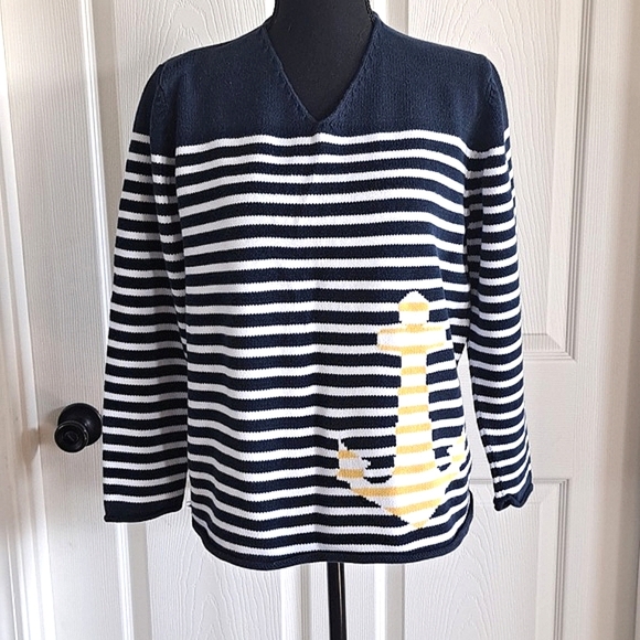 Vintage Anchor Nautical Striped V-Neck Oversized Petite Cotton Knit Sweater - Picture 1 of 8